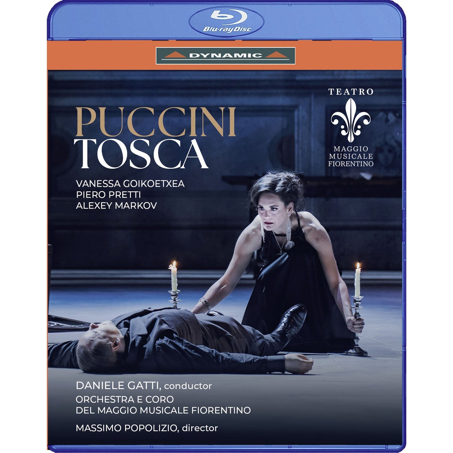 Blu-ray cover for Puccini’s *Tosca* opera, featuring a dramatic stage scene.