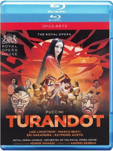 Blu-ray cover for Puccini’s *Turandot* opera, featuring a woman’s face and performers.