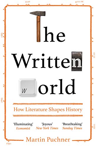 Book cover: "The Written World" with hammer, keyboard, and letter collage.