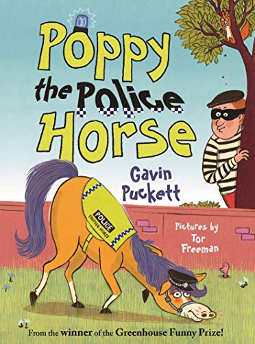 Book cover illustration of a police horse sniffing the ground near a hidden burglar.