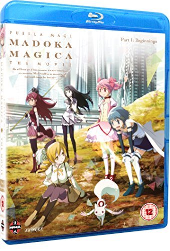 Five anime girls and a small white creature stand in a field before buildings.