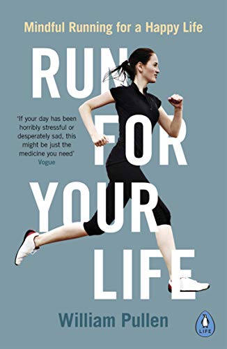 Book cover featuring a woman running, with large white text on blue.