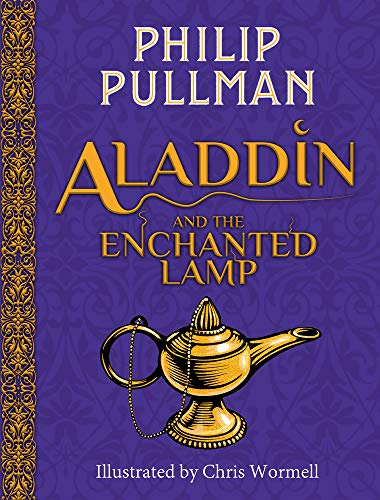 Book cover for Aladdin and the Enchanted Lamp by Philip Pullman with gold lamp illustration.