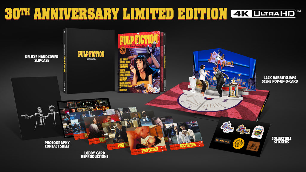 Pulp Fiction" 30th Anniversary Blu-ray edition with case, cards, and stickers.