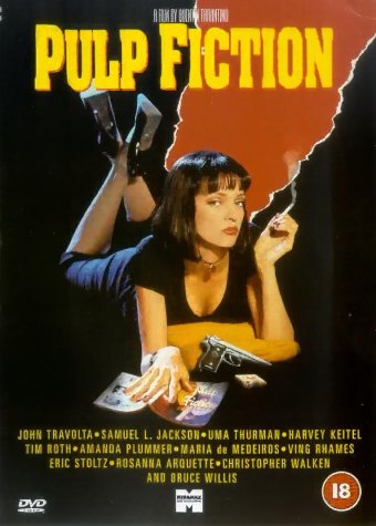Pulp Fiction DVD cover featuring Uma Thurman smoking and holding a gun.