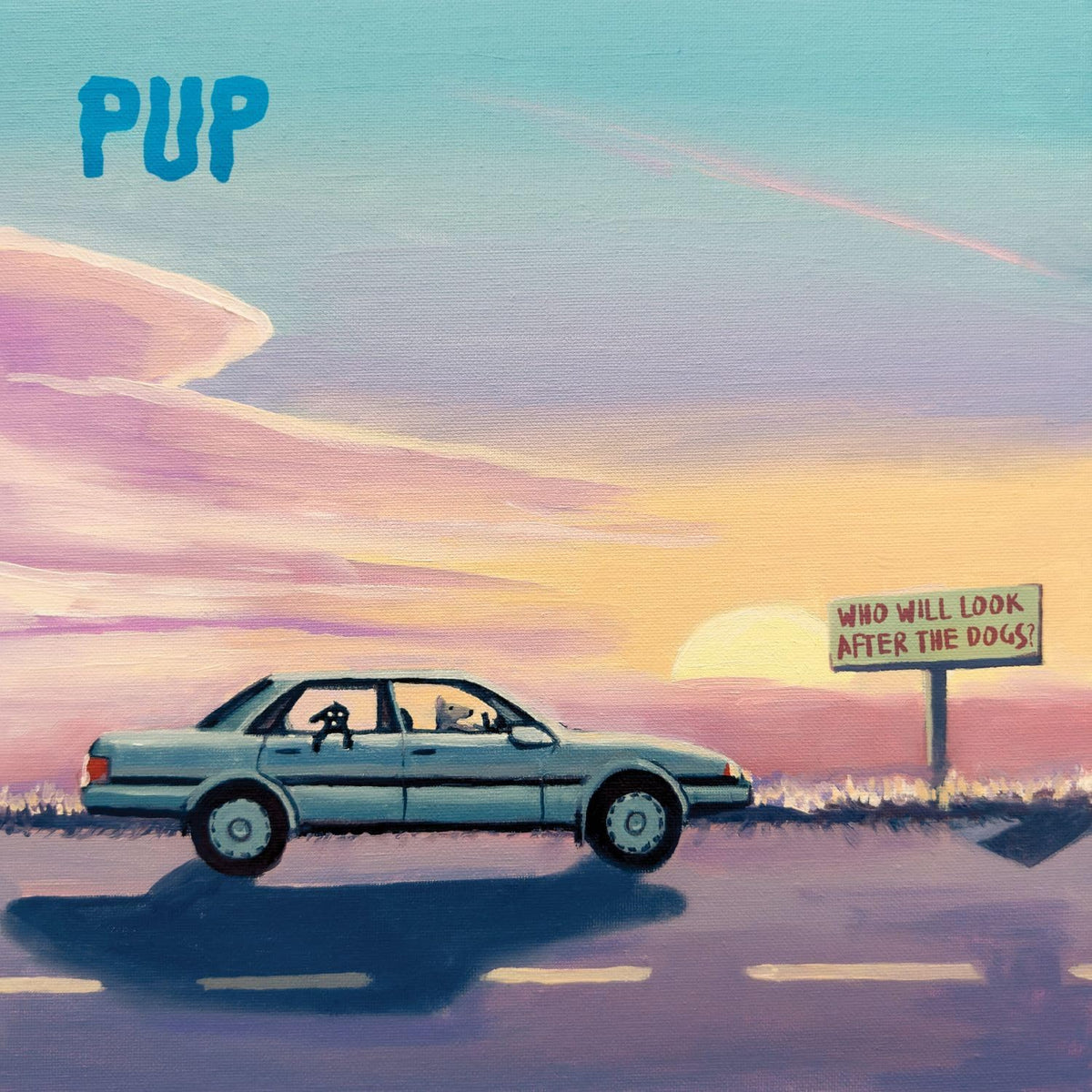 Painted CD cover: blue car on a highway under a sunset sky.