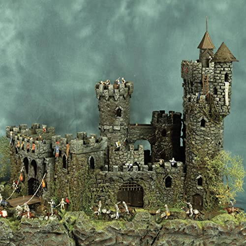 Detailed miniature castle with figures, set against a stormy sky.
