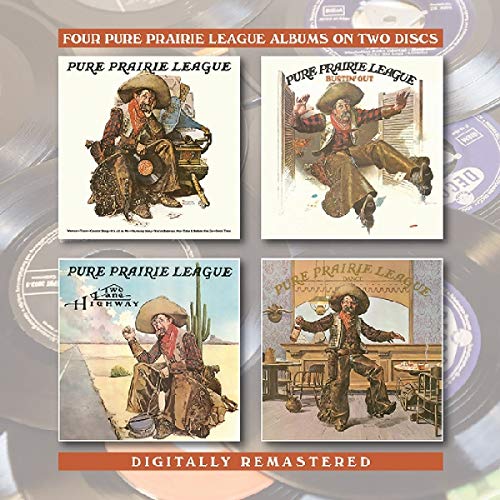 CD packaging featuring four album covers by Pure Prairie League with cowboy illustrations.