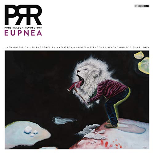 CD cover: man offering an axe to a roaring white lion in a dark landscape.
