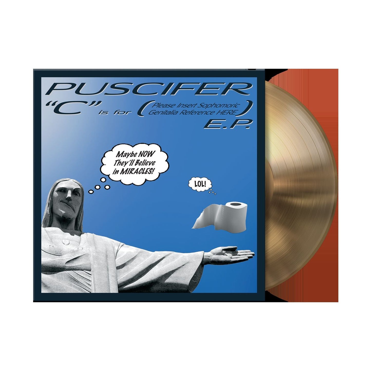 Puscifer vinyl record cover featuring Jesus, toilet paper, and text.