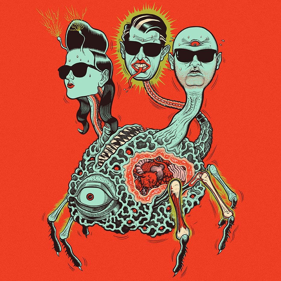 Surreal illustration of three heads emerging from a multi-legged, eye-covered creature on red.