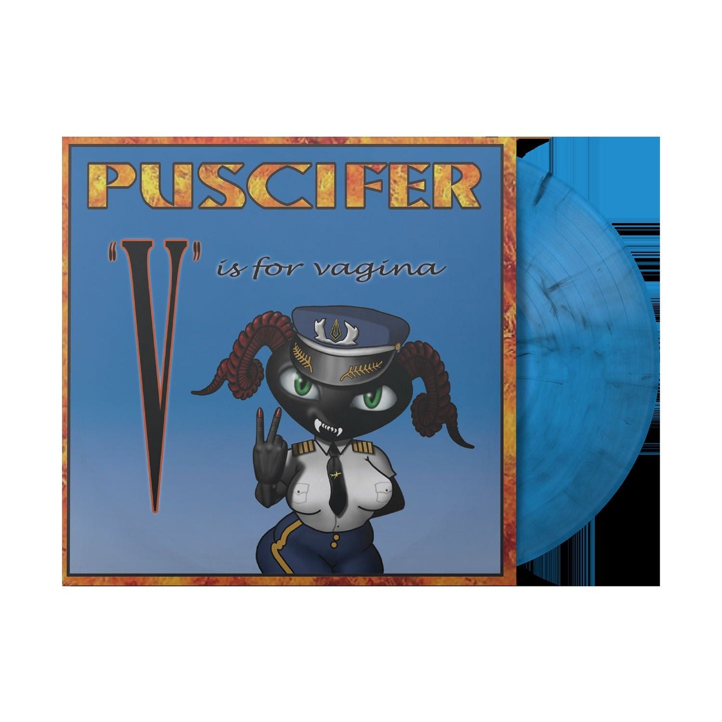 Puscifer album cover featuring a horned, uniformed figure and vinyl record.