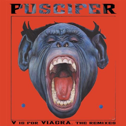 Puscifer album cover: gorilla face with open mouth on red background.