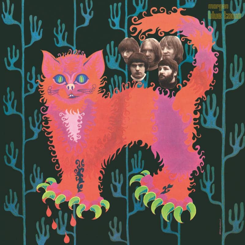 Psychedelic album cover featuring a pink cat and a band portrait.