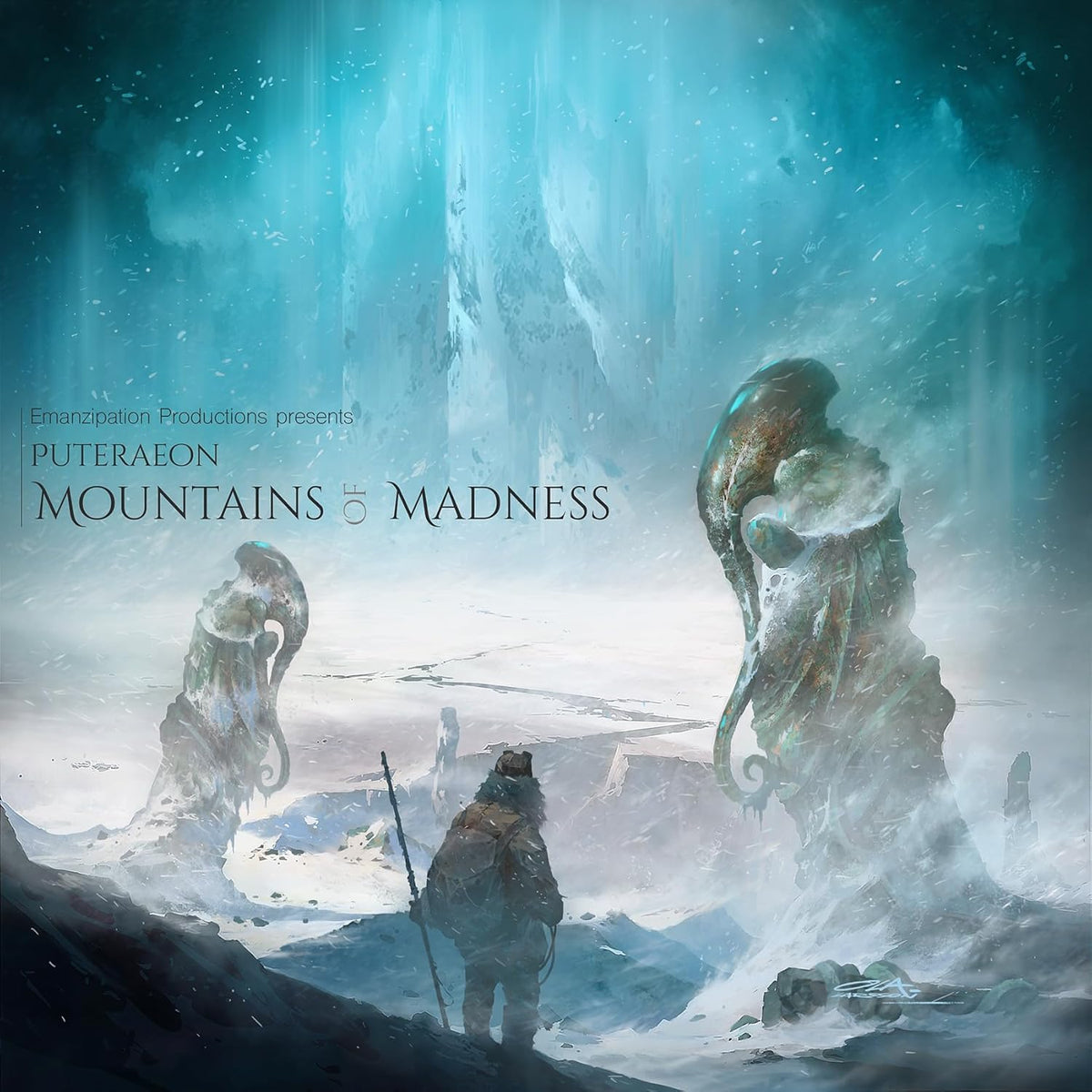 Album cover: snowy landscape with figures and a colossal, tentacled creature.