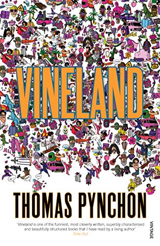 Book cover for "Vineland" by Thomas Pynchon with chaotic illustrated collage.