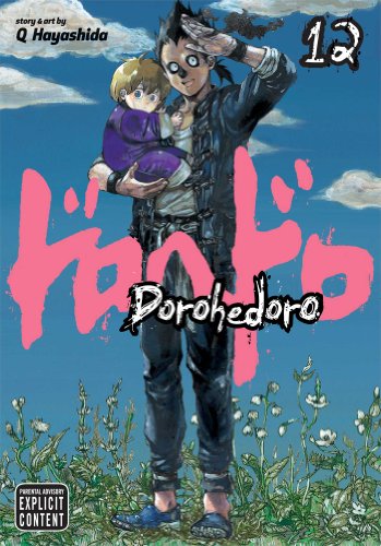 A man with a mask holding a baby in a field, Dorohedoro volume 12 cover.