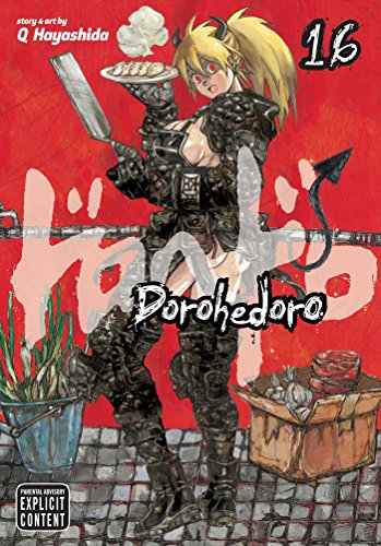 Blonde female character in black armor with sword and plate on red background.