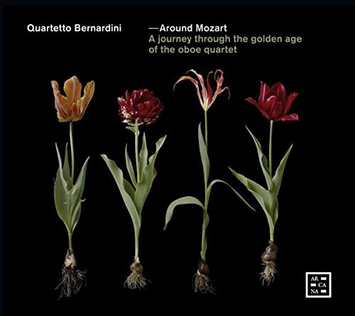 CD cover with four tulips and text "Quartetto Bernardini - Around Mozart" on a black background.