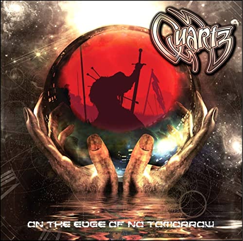 Two hands hold a glowing red orb containing a silhouette of a sword-wielding figure.