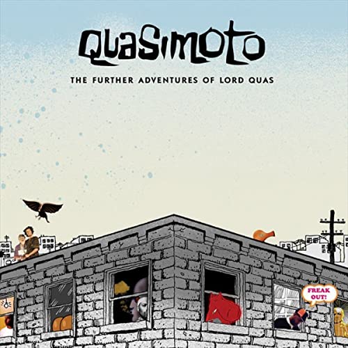 Album cover for Quasimoto’s “Further Adventures Of Lord Quas” with illustrated cityscape.