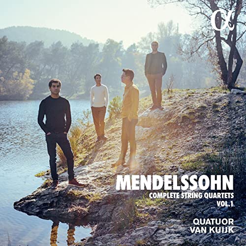 CD cover featuring four men by a lake, text “Mendelssohn String Quartets.”