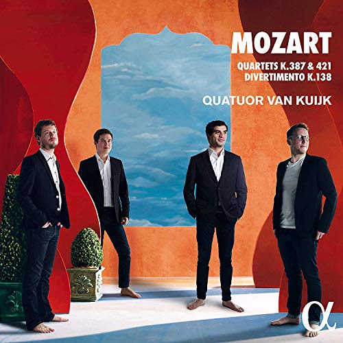 Mozart CD cover featuring four men in suits standing in an abstract, colorful scene.