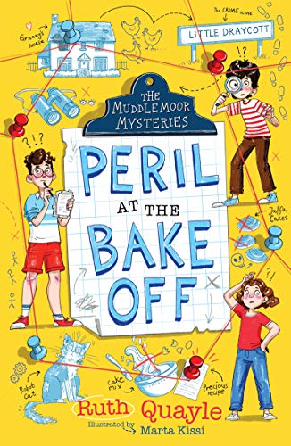 Children’s book cover with detectives, a cat, and baking-themed illustrations.
