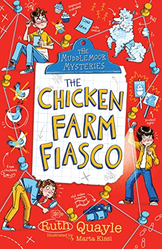 Book cover with children investigating a mystery on a red background.