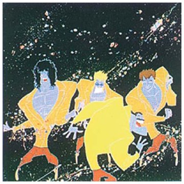 Stylized cartoon of Queen band members against a speckled dark background.