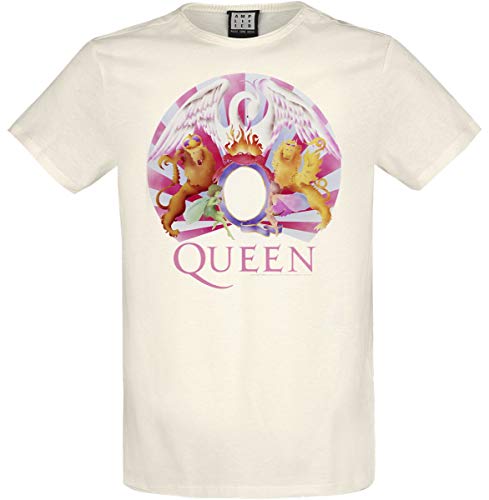 Man wearing off-white Queen t-shirt with colorful album art.