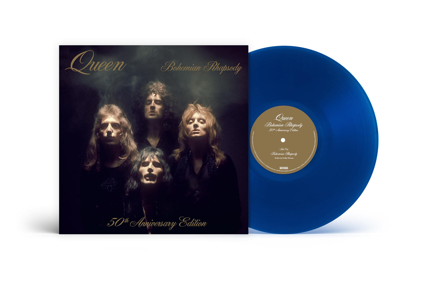 Queen Bohemian Rhapsody 50th anniversary edition album cover with a cobalt blue vinyl record.