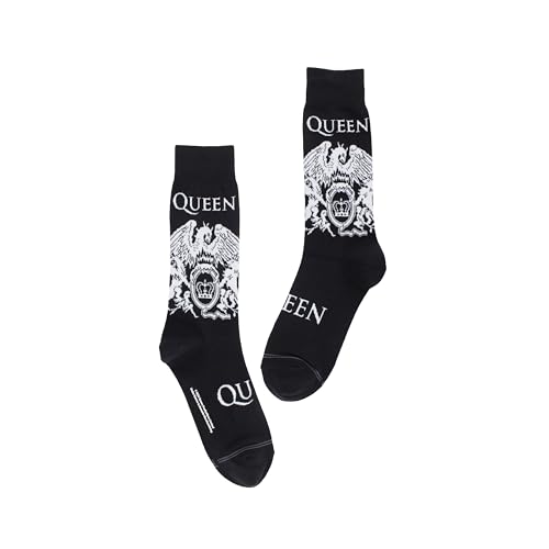 Black crew socks with white Queen logo and crest design.