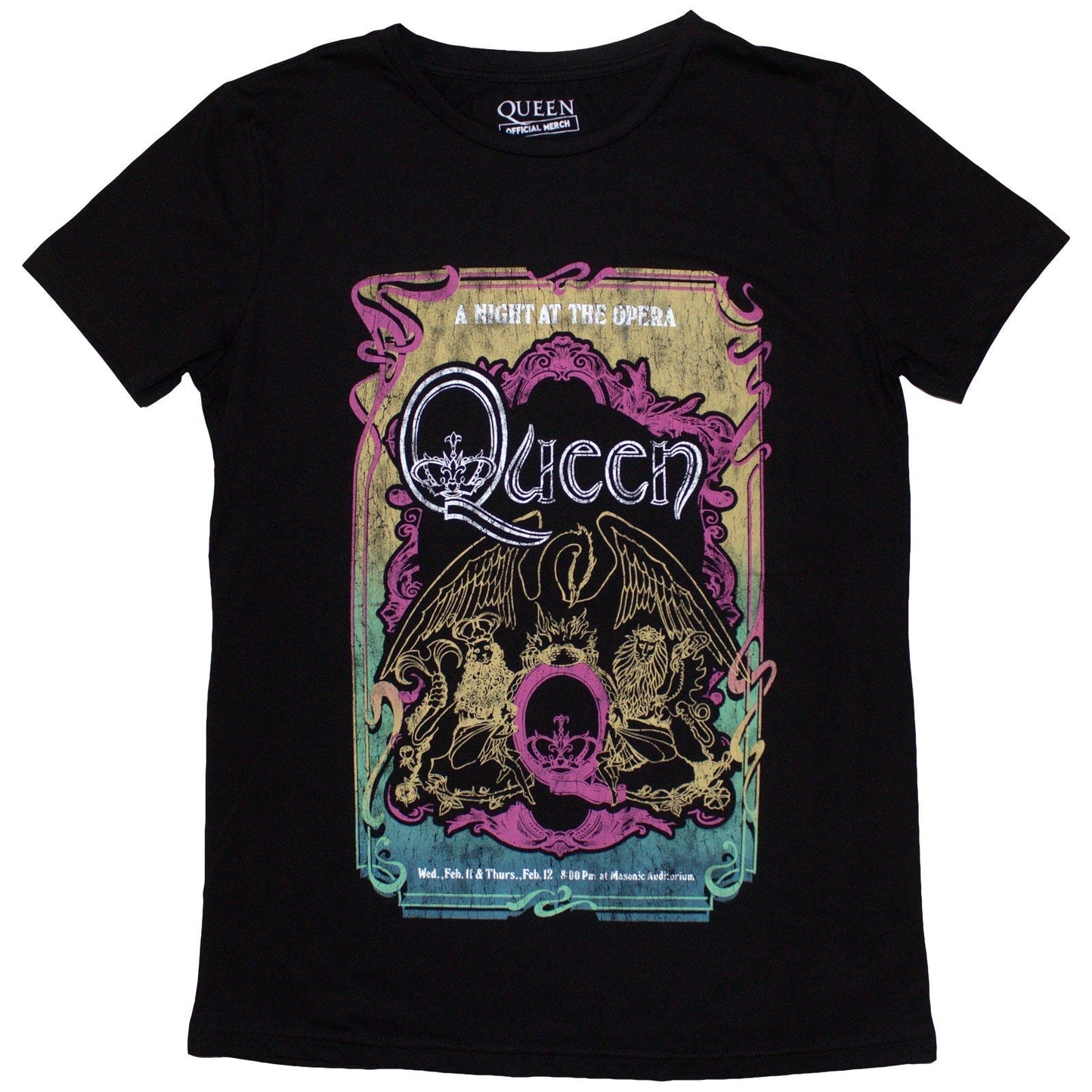 Black T-shirt featuring the Queen A Night At The Opera 1976 tour graphic.
