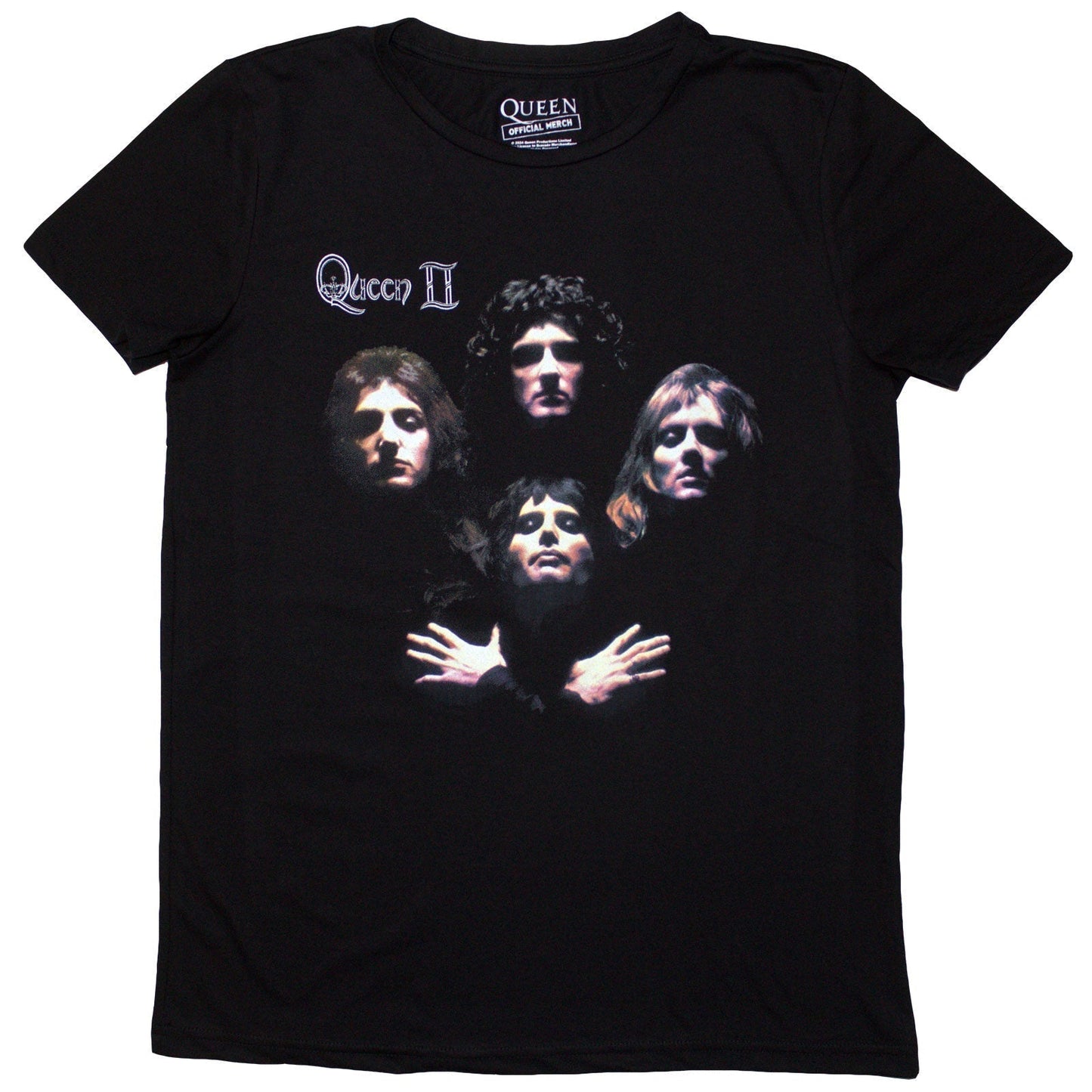 Black Queen band t-shirt featuring the classic Bo Rhap crest logo on the front.