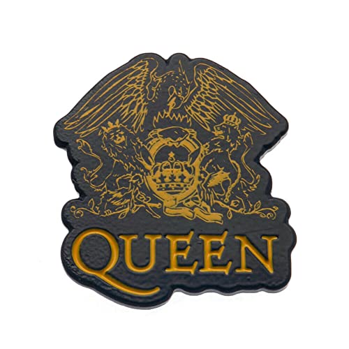 Black enamel pin with gold Queen crest and band name text.
