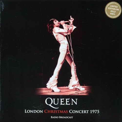 Freddie Mercury performing onstage, album cover for Queen’s 1975 Christmas concert.