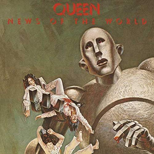 Queen’s “News of the World” album cover featuring a giant robot and figures.