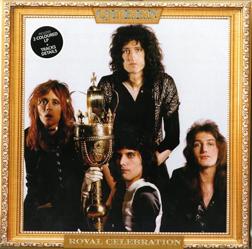 Queen band members in black clothing with a golden chalice, framed cover.