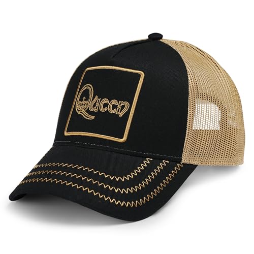 Black and tan trucker cap with gold embroidered "Queen" logo.