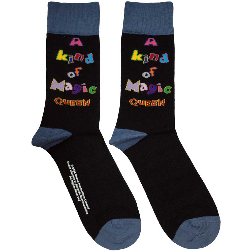 Black ankle socks featuring the Queen band logo and A Kind of Magic text.