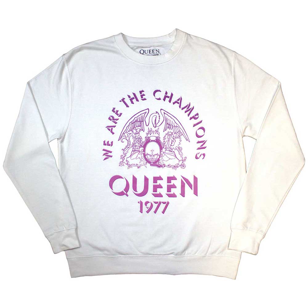 Black unisex sweatshirt featuring a Queen band logo and Champions 1977 graphic print.