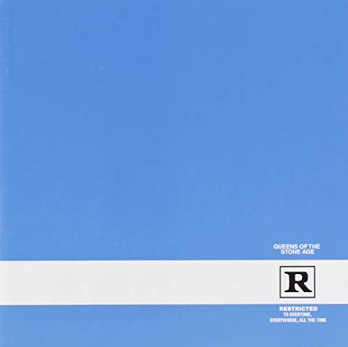 Blue album cover for Queens of the Stone Age’s “Rated R” with a white band and black “R”.