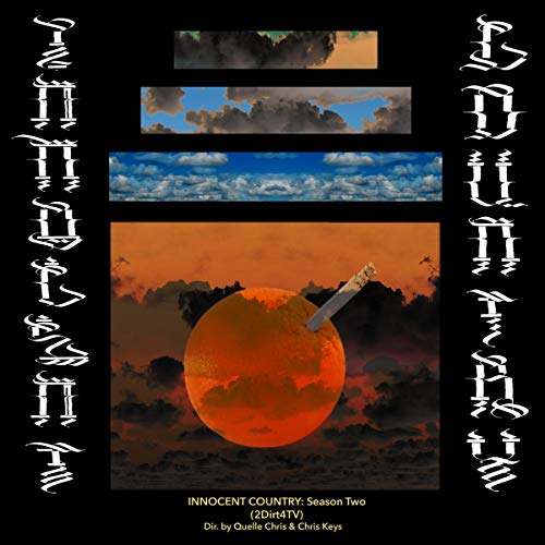 "Album cover with orange moon and clouds, surrounded by white text on black background."