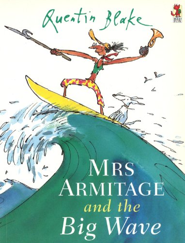 Mrs Armitage and her dog surfing a large wave, illustrated by Quentin Blake.