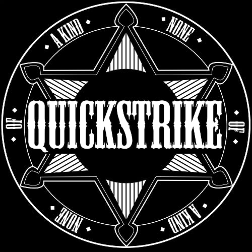 Black and white circular logo with "Quickstrike" text and starburst design.