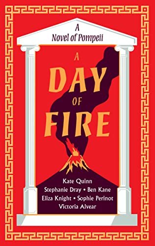 Book cover: red background, white pillars, title “A Day of Fire.”