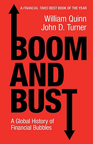Red book cover with bold black text "Boom and Bust" and arrows.