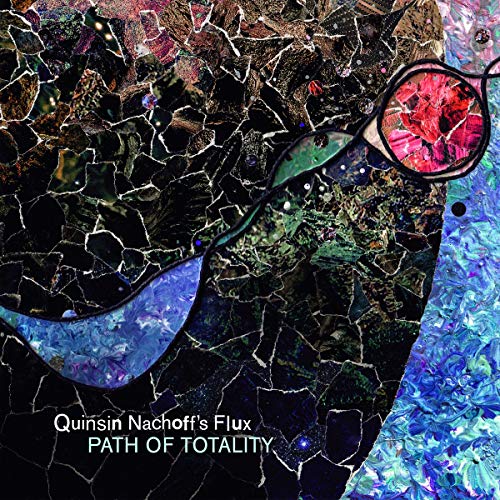 Vinyl album cover with abstract, multicolored, marbled design and white text.