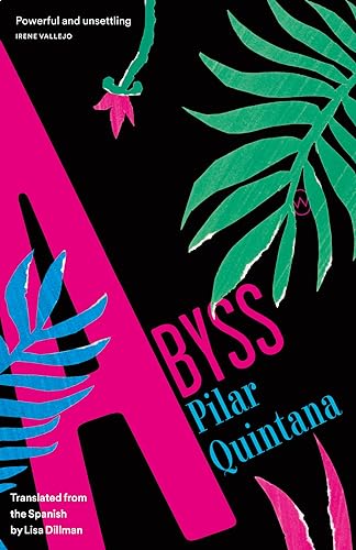 Book cover: black background with pink and blue tropical foliage.